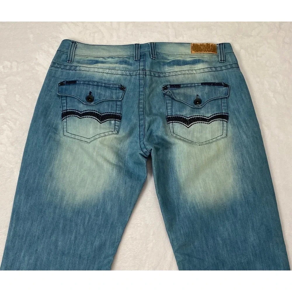 Halifax Mens Straight Leg Jeans Light Blue‎ Denim 38W 34L Embroidered Pockets